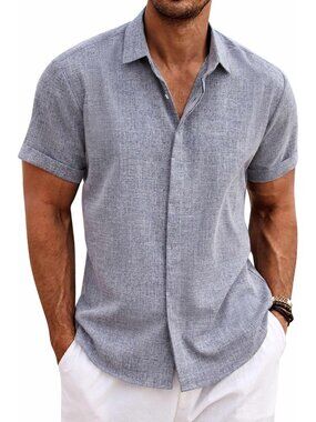 Men's  Dark Blue Grey Classic Beach Linen Short Sleeve Casual Imported Shirt